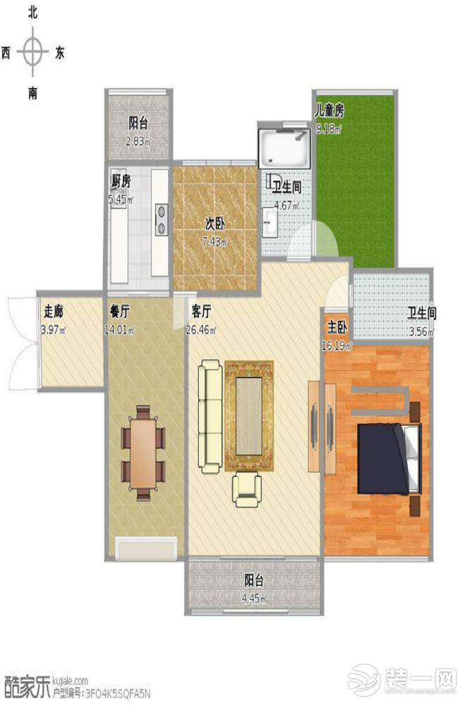 天怡美装饰—环山国际  115平方 三居室 简美风格原始户型图