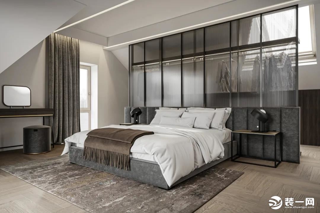 卧室，简单的色调和材质，说明空间结构的美观和大方。