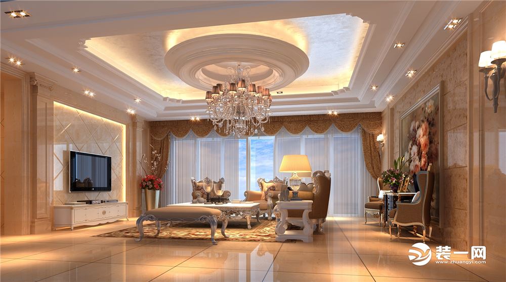 珠海中海银海湾别墅200平欧式风格客厅吊顶
