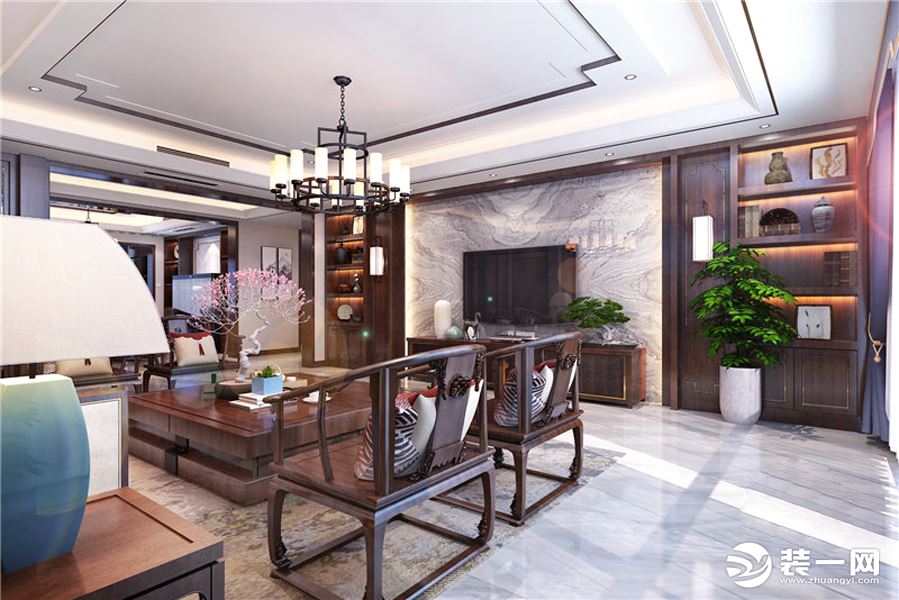 客厅1龙发装饰东岳国际300平现代中式装修案例