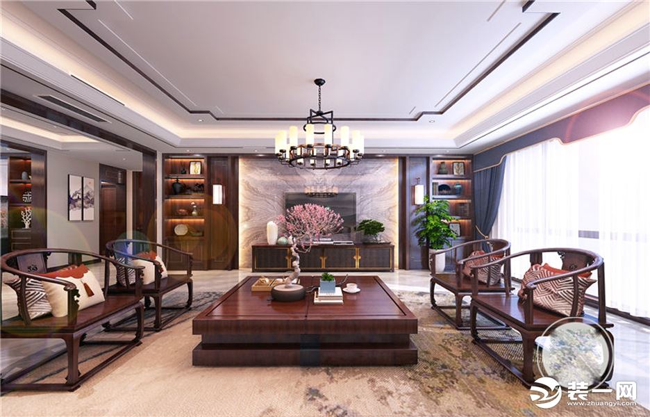 客厅2龙发装饰东岳国际300平现代中式装修案例