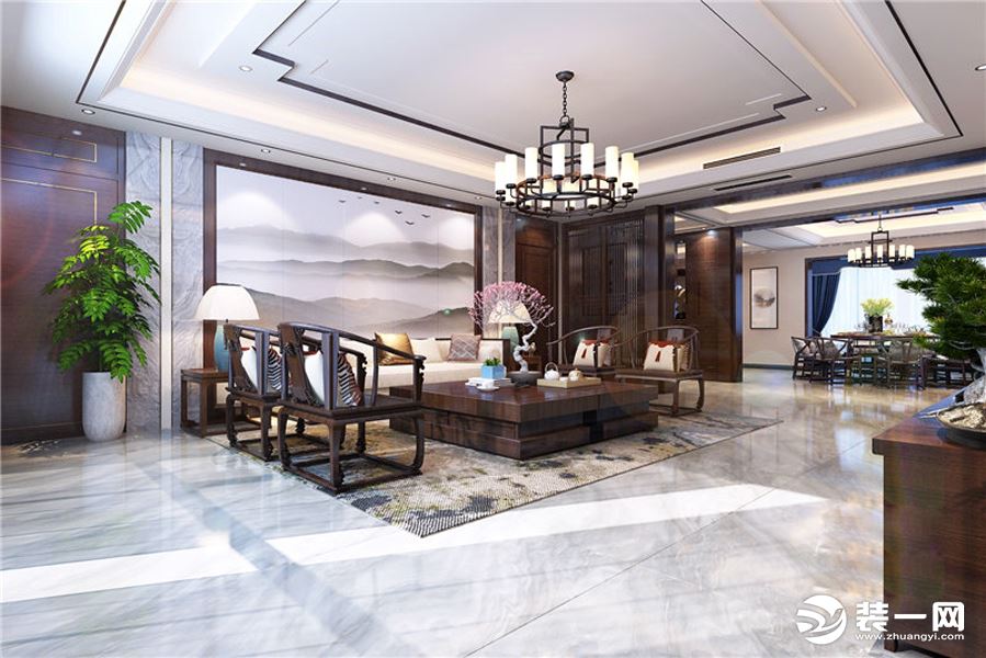 客厅3龙发装饰东岳国际300平现代中式装修案例