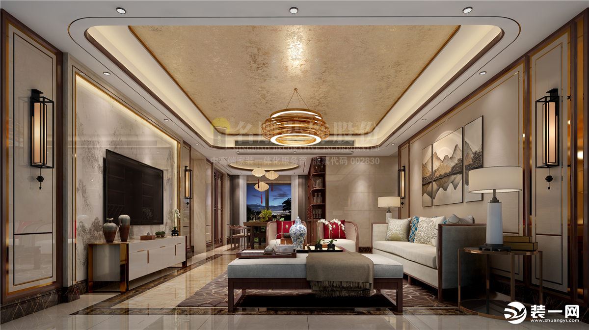 东莞松山湖观园-新中式-150㎡三居室-半包20万-客厅装修效果图