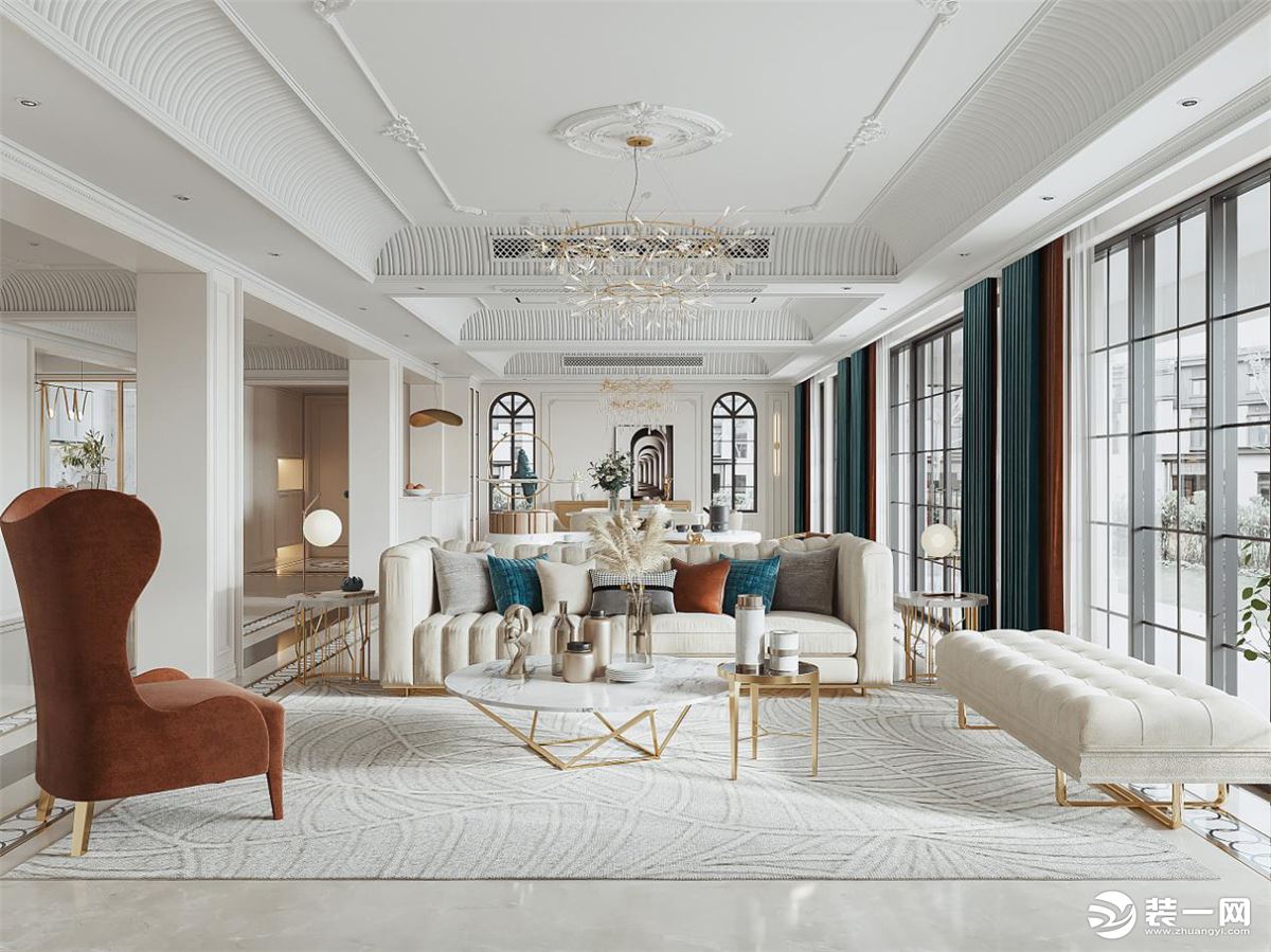 客厅的装修风格也体现了主人的生活态度以及喜好，采用简洁明快的造型和白色相以结合，以此来突出空间亮点。