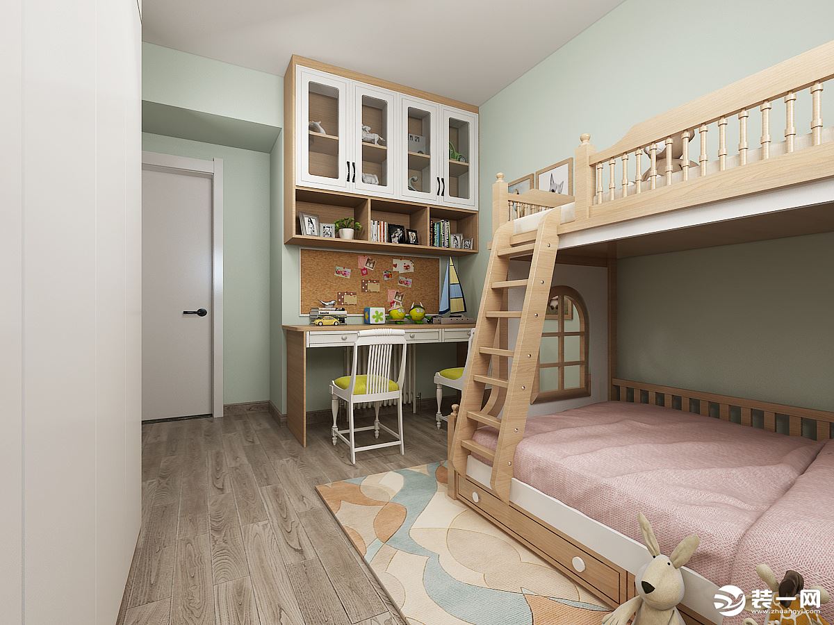 儿童房的床是上下铺的，既节省空间又实用；旁边摆放的书桌椅，方便两个孩子的学习看书。