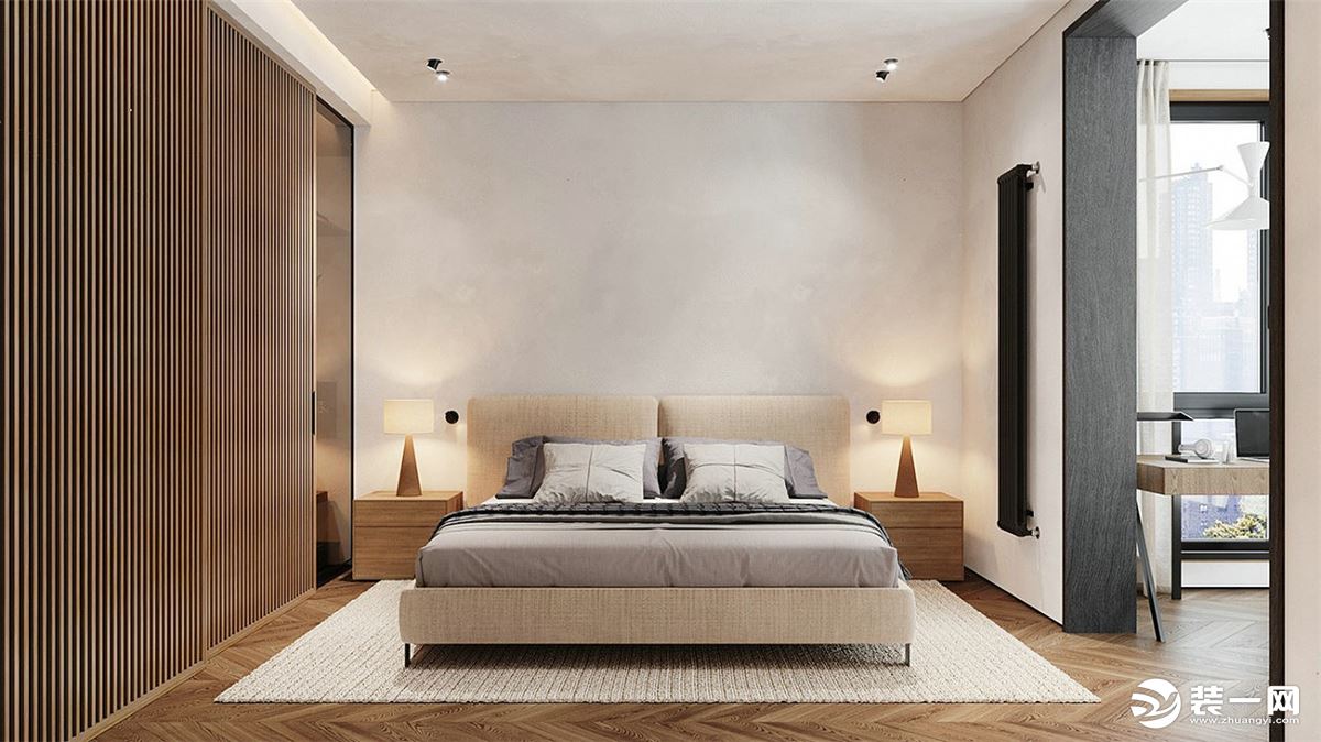 卧室大面积采用原木风元素，让人眼前一亮，硬朗中又不失柔和。