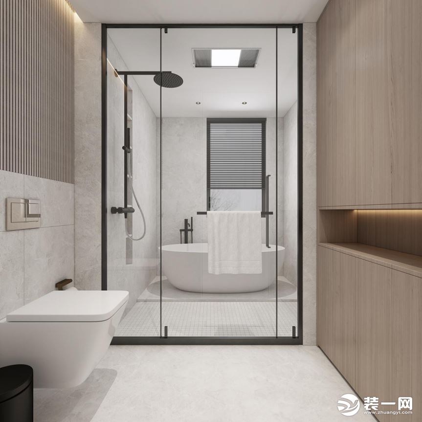 主卫将淋浴区和浴缸都放在同一个区域，用玻璃门分隔，这样能保持卫浴间一个区域的干爽。