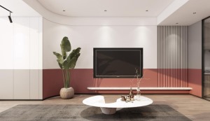 客厅墙面漆上面粉刷白色，下面粉刷珊瑚粉色，简洁的线条，大气时尚，平滑的弧度设计，简约流畅。
