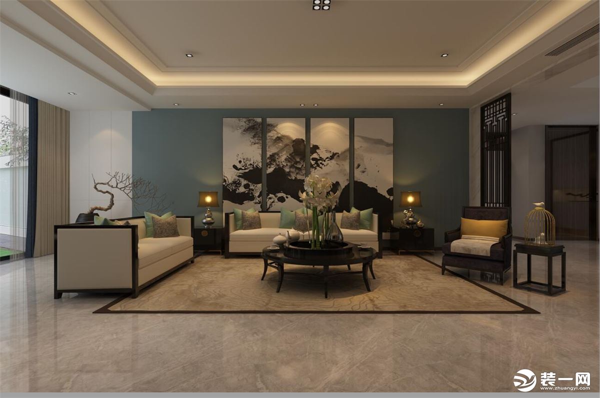 东方蓝海170平方四室居新中式风格方案报价客厅效果图分享