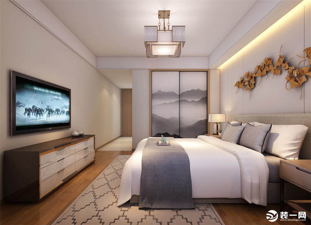 山水装饰设计作品凯旋门130平方新中式风格方案报价卧室效果图分享