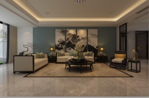 山水装饰设计作品东方蓝海170平方四室居新中式风格方案报价效果图分享