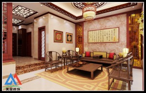 新天地230平别墅中式风格装修效果图客厅沙发墙