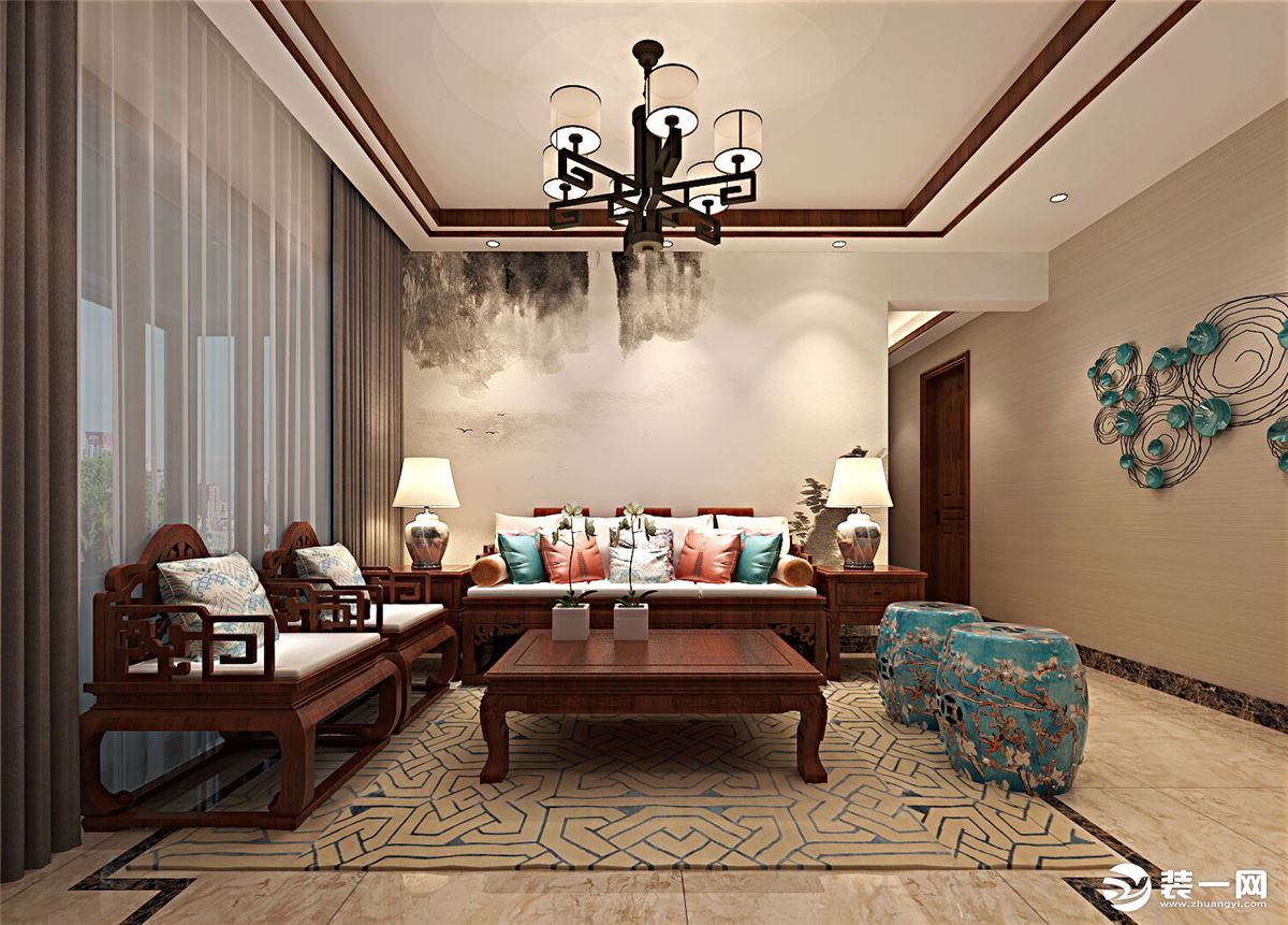 中海国际社区132平新中式客厅装修效果图