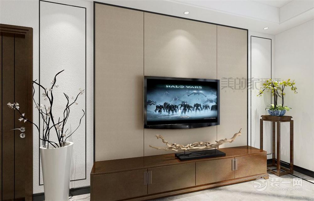 客厅：融合现代简约几何图形及线条为设计元素，木质感的电视墙保留了中式韵味。