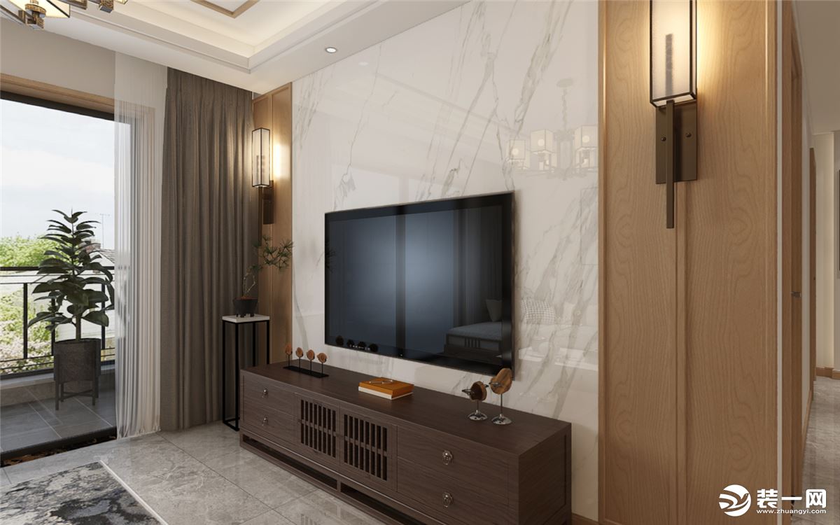 春和景明122平新中式客厅电视墙装修设计效果图
