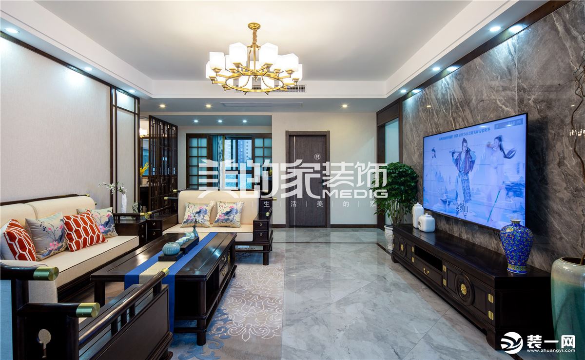 珠江太阳城130㎡新中式风格客厅装修效果图
