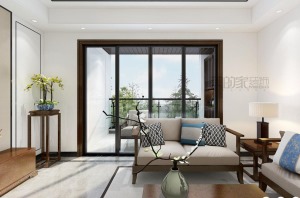 客厅：中国古典园林的基本元素及造园手法，融合现代简约几何图形及线条为设计元素。