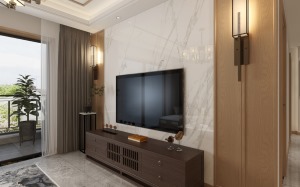 春和景明122平新中式客厅电视墙装修设计效果图