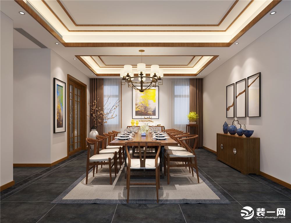 移步餐厅，它在整体空间与色调的设计与客厅极为相似，两圈吊顶加以木线将顶部空间丰富起来，中间是木制的长