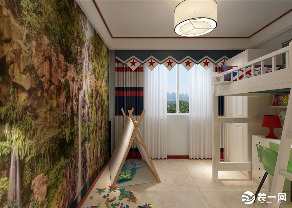 对于儿童卧室，设计师更侧重于体现现代风格，稍稍加一点中式山水画的元素在里面，窗帘的设计选用了美国国旗