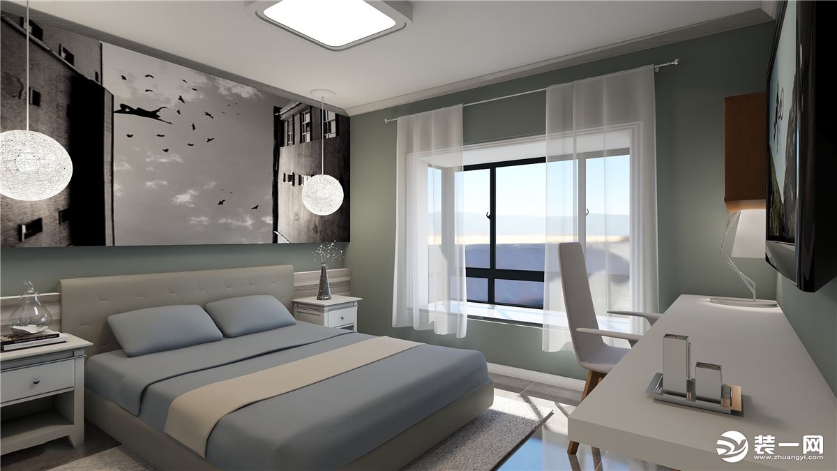 卧室在结构上单独设计出一个衣帽间，满足客户想要一个独立的衣帽间需求，飘窗的设计是一个纯白色的窗台石，