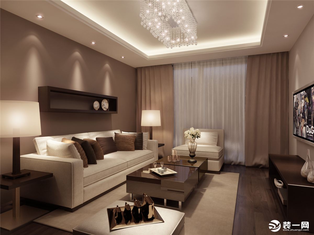 客厅墙面设计采用浅咖色墙漆的处理与深灰色地板的处理相辅相成，搭配米白色沙发和地毯使整体空间的色彩对比