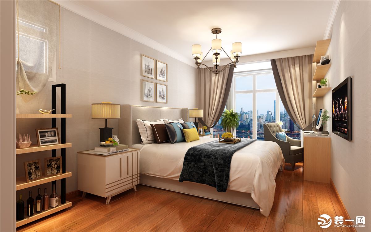 次卧的设计相对于客厅来说简洁明快，整体颜色明亮，绿植和抱枕给整个空间增添了色彩。搭配欧式风格的家具给