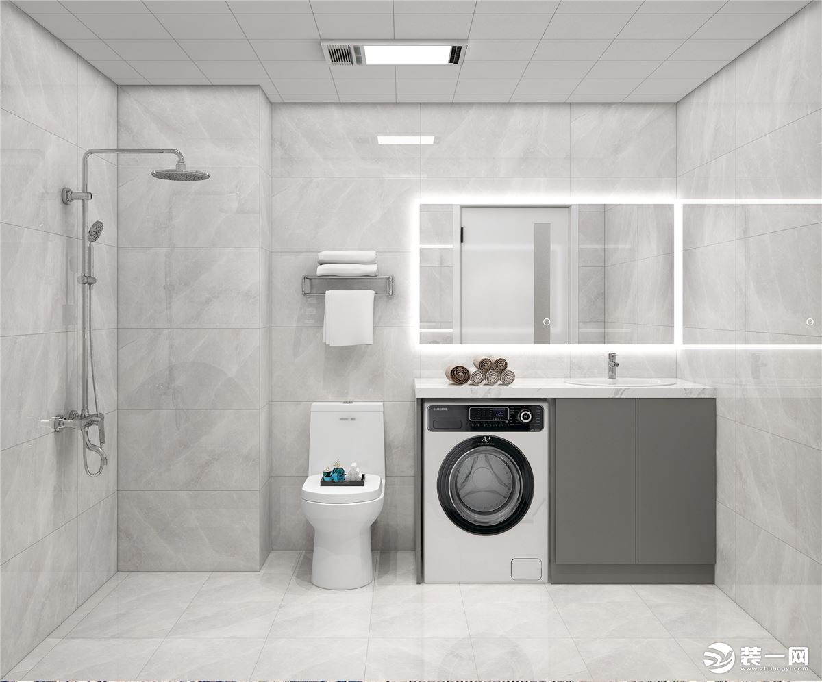 卫生间是以浅灰色为主，与厨房有一个区分的同时，能让卫生间更加贴合黑白灰的空间层次感。
