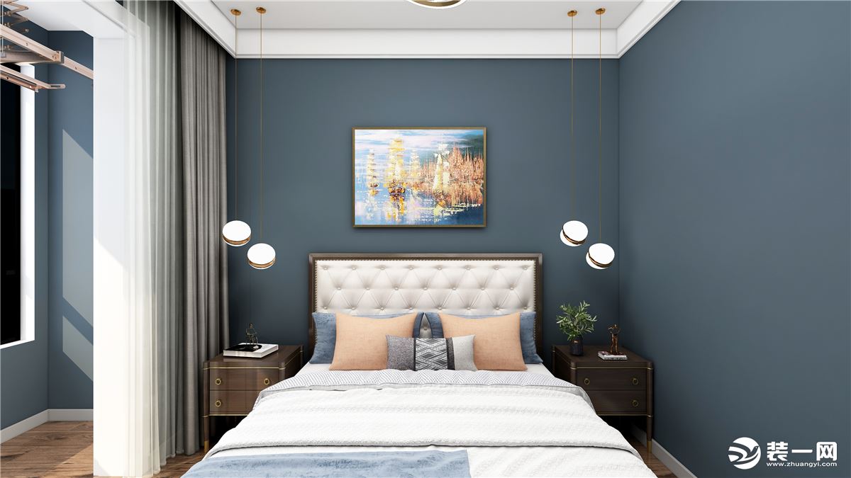 卧室整个色调采用的是莫兰迪色系中的蓝灰色。在硬装吊顶只是简单的使用了双层石膏板贴面，俗称双眼皮，做一