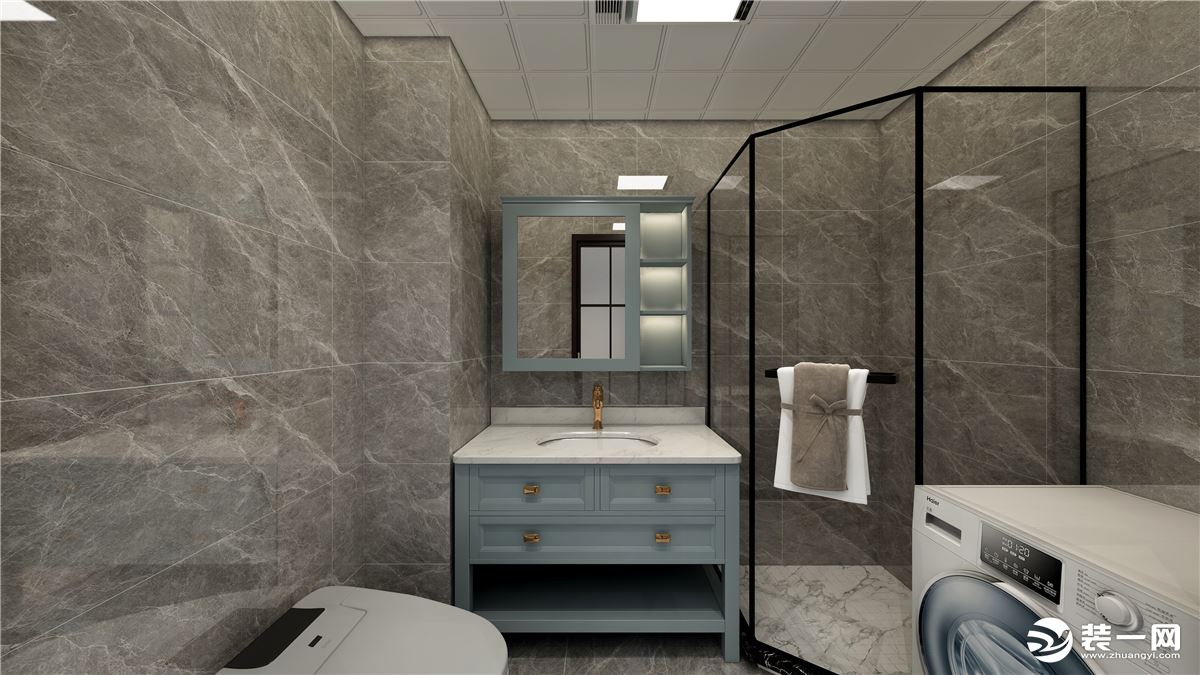 卫生间在瓷砖上选用了仿石材纹理的砖，同时做到干湿分区，把淋浴跟浴室柜彻底分开，后期打理起来也简单，不
