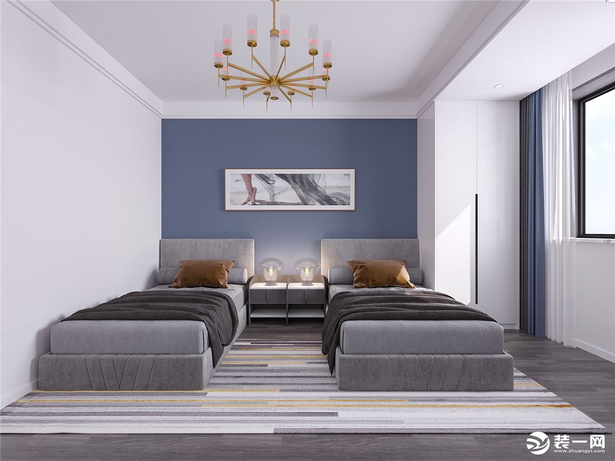 双单人床的设计让每个人都有独立的空间。蓝灰色的床头背景和窗帘可以更好的呼应