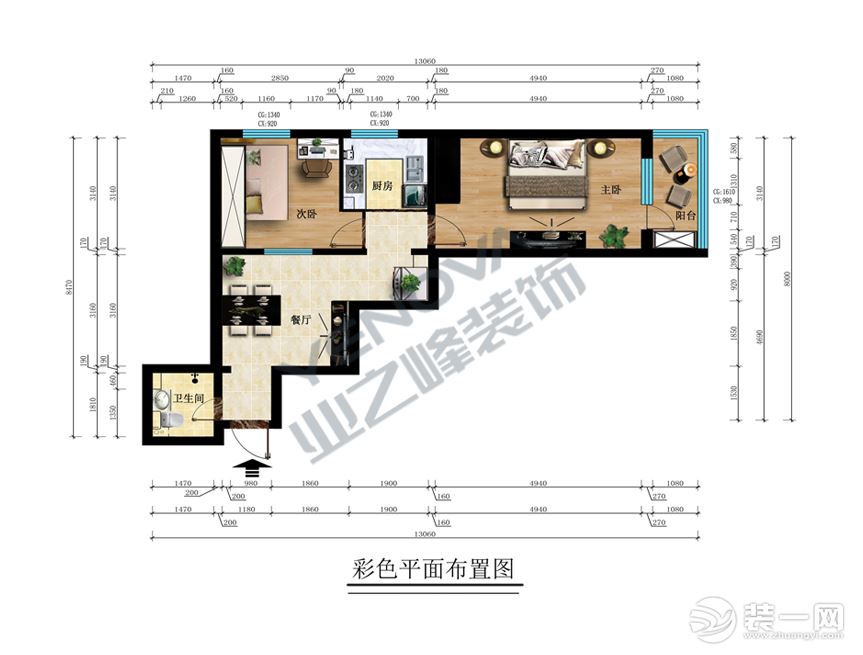 彩色平面圖——業(yè)之峰裝飾二室一廳68平米簡(jiǎn)約風(fēng)格