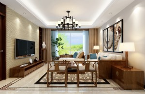原木質的家具配上白色的沙發墊讓客廳清新淡雅。沙發背景墻上的裝飾畫與電視背景墻淡黃色的壁紙相呼應，極富