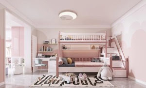 女儿房的风格是脱离整体中式风格设定的，粉色是每个小女孩的公主梦颜色，整个房间以粉色作为基础颜色，粉色