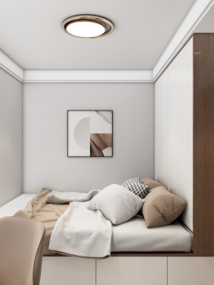 次卧区域榻榻米形式在区别于传统床的功能基础上增加了空间利用率及储物的完整性。