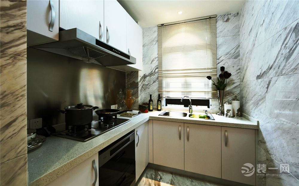 厨房效果说明：厨房墙地面用大理石修饰，整体以简约的形式表达，更注重简约实用。