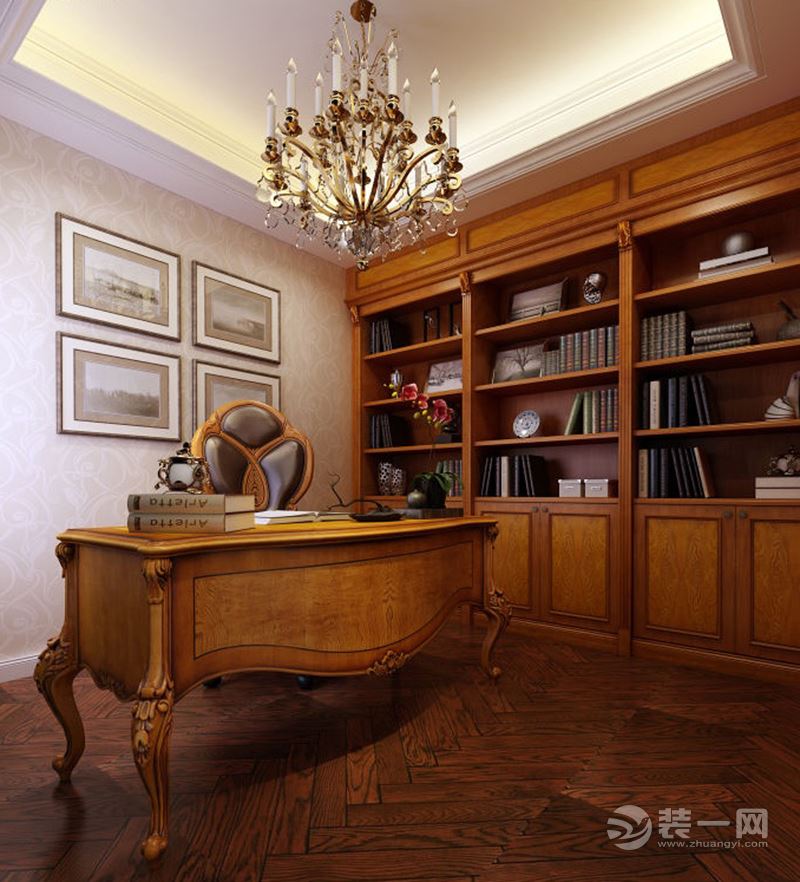书房：橡木制的整面墙的书柜，斜拼的实木地板，全为了营造一个沉静的书香氛围。