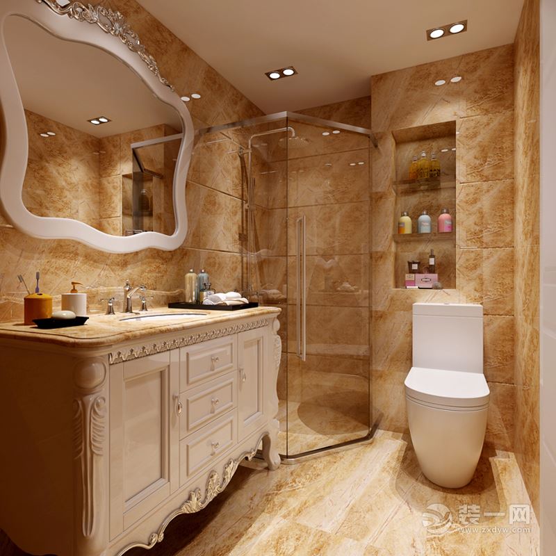 卫生间：实木欧式浴室柜配合玻璃淋浴房，做到干湿分离的，由于空间不是很大，墙面采用暖色亮光系大理石纹理