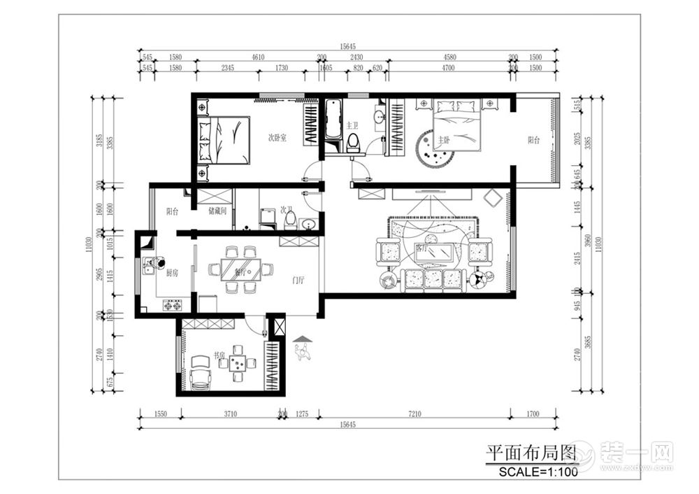 金隅丽港城128平三居室平面布置图