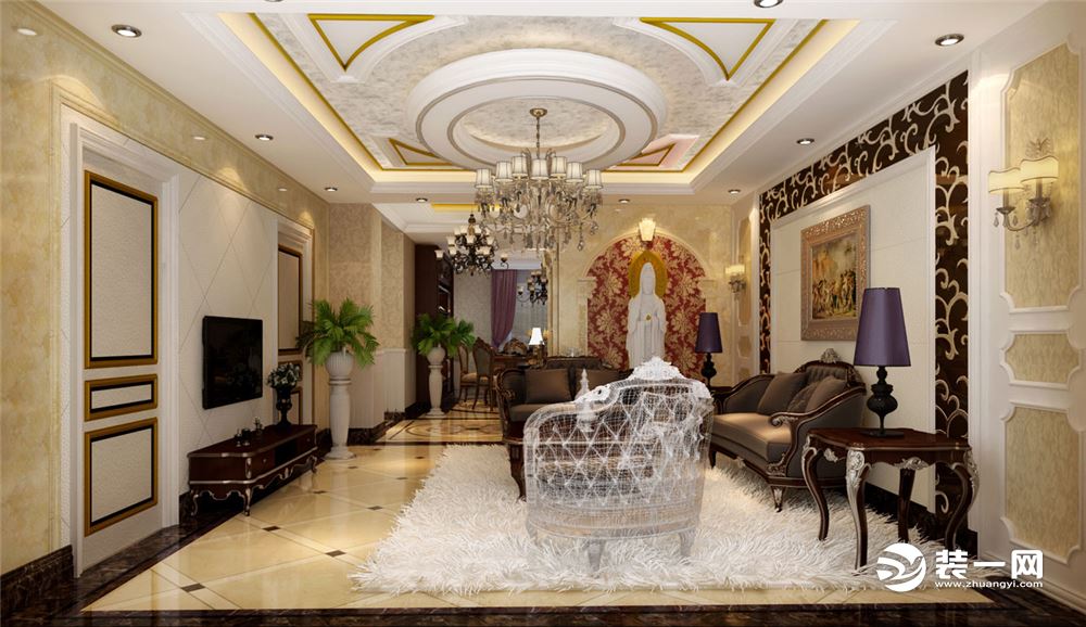 客厅是进门第一眼看到的景观，宽大的比例使得客厅显得更宽敞，沙发是客厅的主角，欧式古典主义之美得到了充