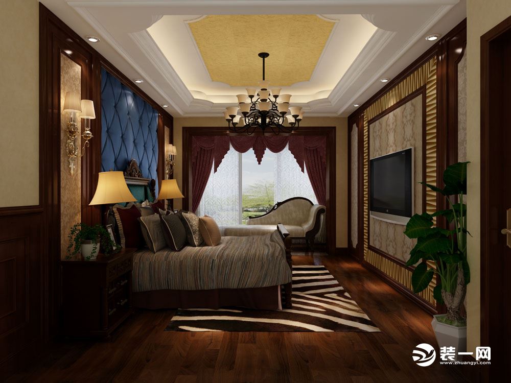 首先映入眼帘的便是高贵的地板，窗帘，米白色的欧式家具。最吸引人的是欧式风格的大床，看起来典雅而舒适，