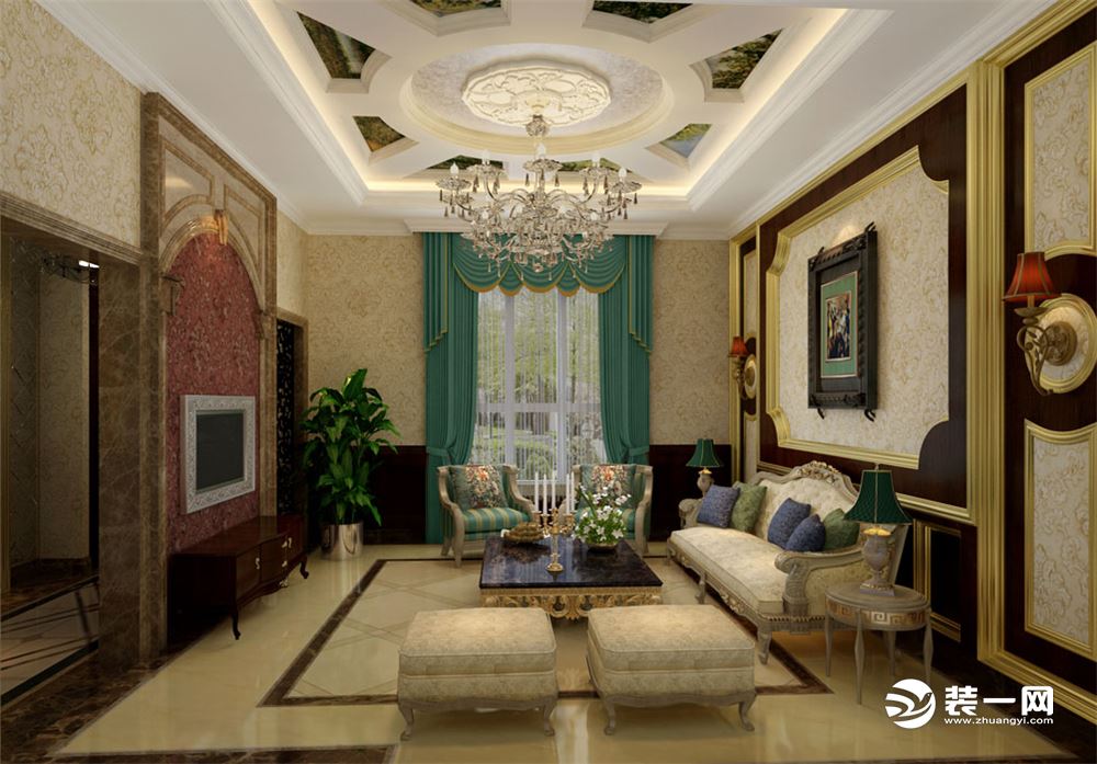 【客厅】欧式客厅顶部喜用大型灯池，并用华丽的枝形吊灯营造气氛。