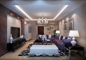 客廳：采用暗花壁紙搭配皮紋瓷磚背景墻，清晰的輪廓整體的也不會顯亂，家具大膽的采用紫色的家具，整體的讓