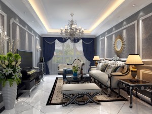 客厅：整体的采用大马士革的反光壁纸和木线的搭配，整体大面配合灰蓝色的素纹壁纸，地面采用白色大理石纹理