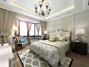 主臥：主臥室硬包的床頭背景搭配皮質的床，結合大馬士革的紋理的壁紙，溫馨雅致。