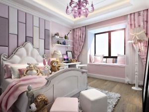 女儿房：粉色系的女儿房，符合小女孩的公主梦，飘窗、床品等软装搭配都是以简洁可爱为主。