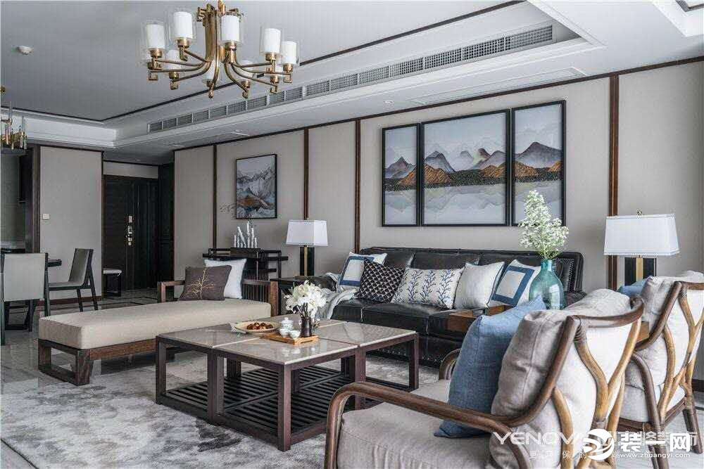 新江与城禅意中式客厅沙发背景墙装修实景图