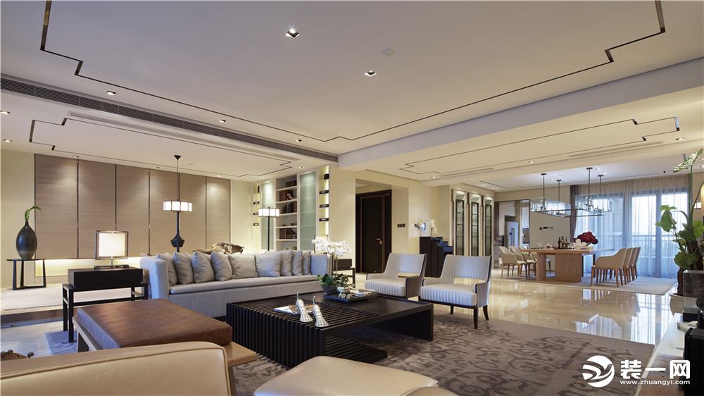 【万达ONE】155平四居室新中式风格装修方案，沙发背景墙