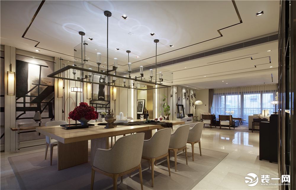 【万达ONE】155平四居室新中式风格装修方案，餐厅整体设计