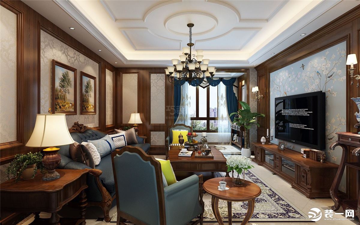 【丽彩溪岸庄园】160平美式风格装修方案，客厅沙发背景墙